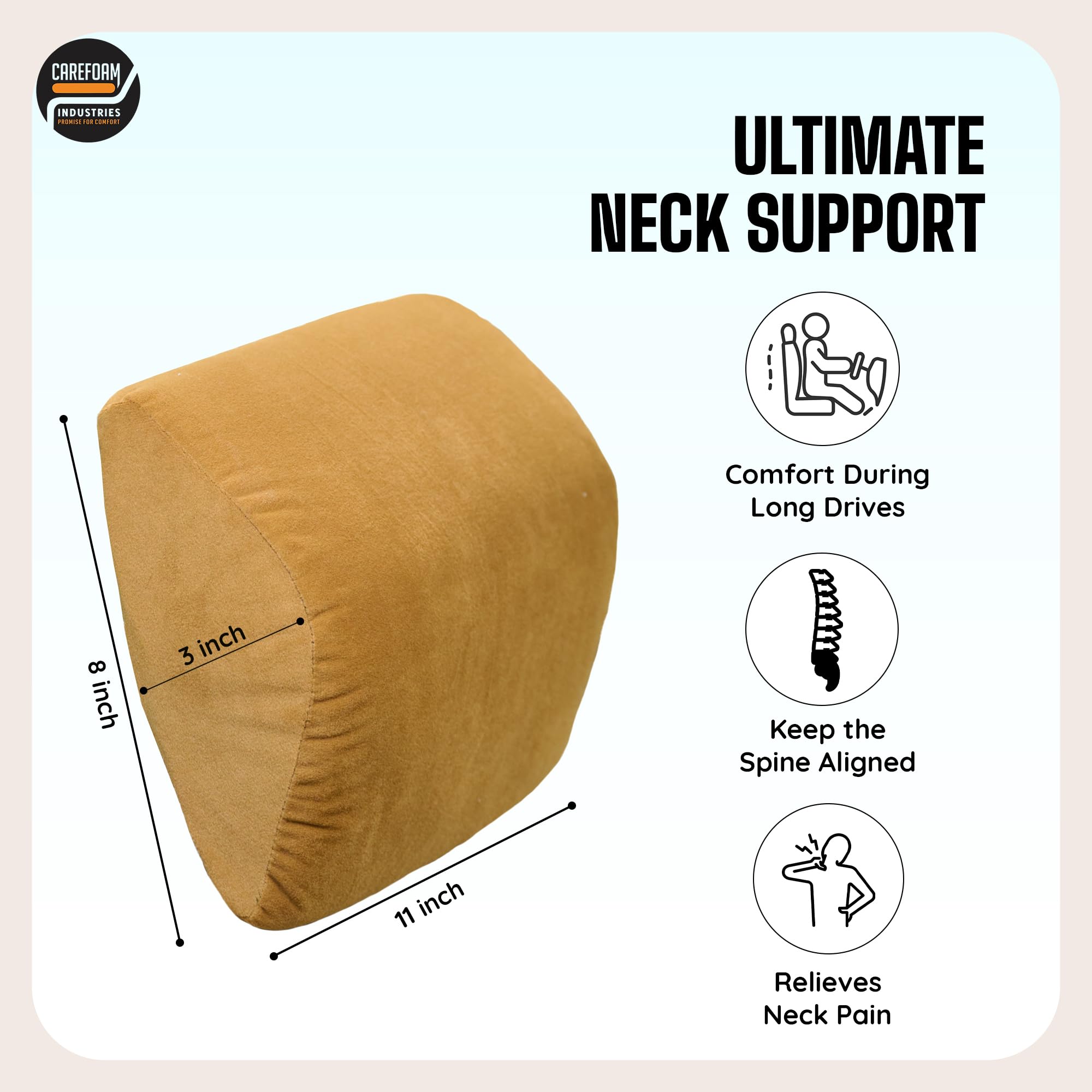 CareFoam Ultimate Memory Foam Car Neck Rest Pillow, Comfortable Rides, Superior Neck Support Cushion, Relieves Neck Pain, Tan Velvet Cover | 14 x11 x5 Inch | Small Pack of 1