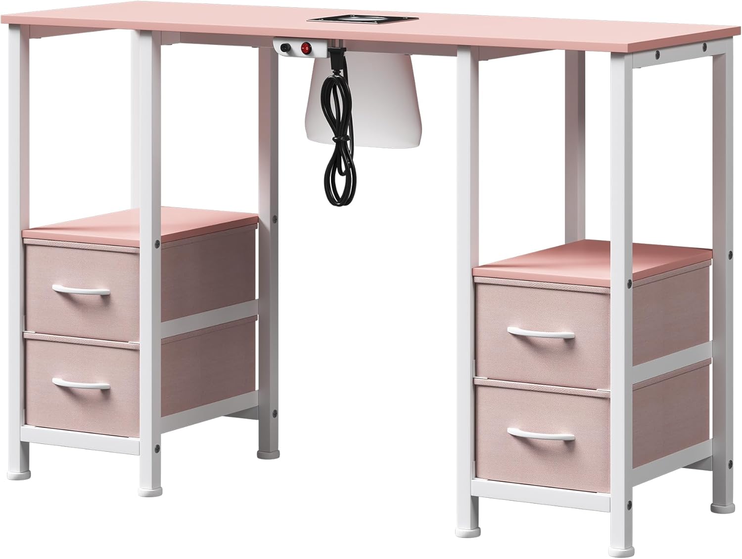 Manicure Table for Nail Tech, Nail Tech Table Station w/4 Storage Drawers & 2 Open Shelves, Nail Table w/Dust Collector for Beauty Salon Tech Station (Pink)