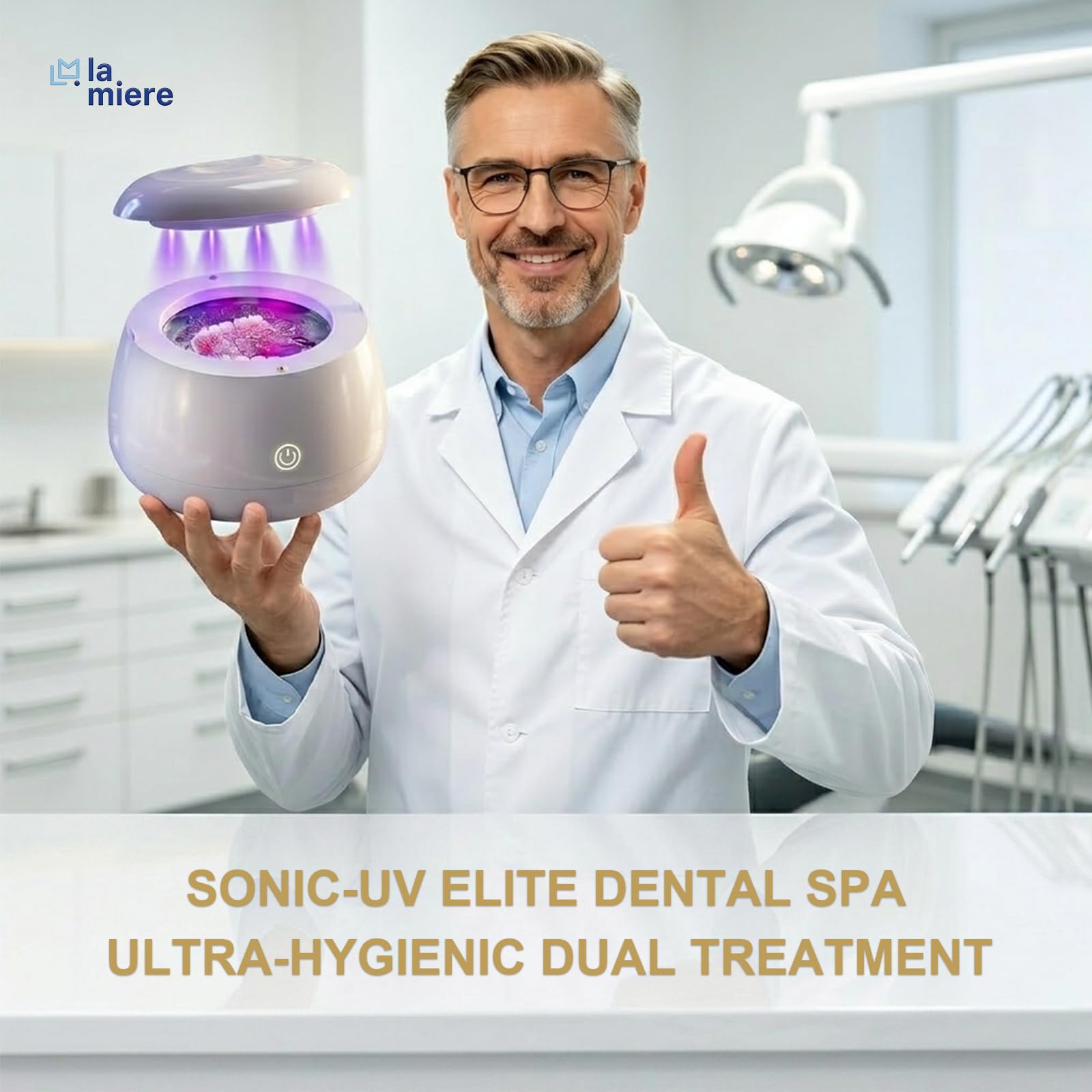 LA MIERE Pulitore ad ultrasuoni aggiornato da 48 kHz, capsula per la pulizia dentale da 200 ml con 4 luci UV-C e 4 modalità, detergente sonico per allineatori, guardia notturna, paradenti, spazzolini