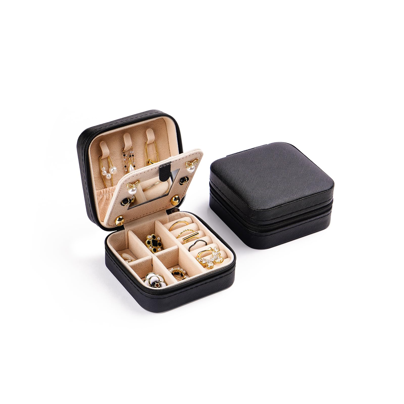 CASEGRACECASEGRACE Travel Jewelry Case, Small Jewelry Box with Mirror Design Portable Jewelry Travel Organizer Display Storage Case for Rings Earring Necklace Bracelet, Gift for Women Girls, Black