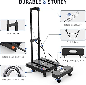 SPACEKEEPER Folding Hand Truck, 500 LB Heavy Duty Luggage Cart, Utility Dolly Platform Cart with 6 Wheels & 2 Elastic Ropes for Luggage, Travel, Moving, Shopping, Office Use, Black