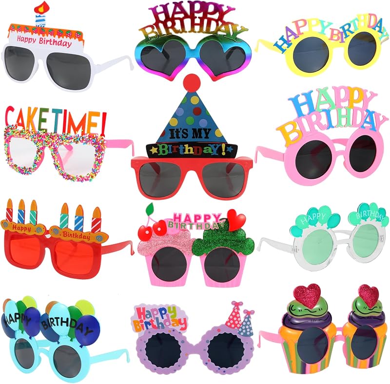 NICOWARM 12 lentes de cumpleaños, lentes de sol de feliz cumpleaños, accesorios divertidos para fotomatón para fiesta de feliz cumpleaños, lentes de sol de cumpleaños para adultos, suministros de fiesta de cumpleaños