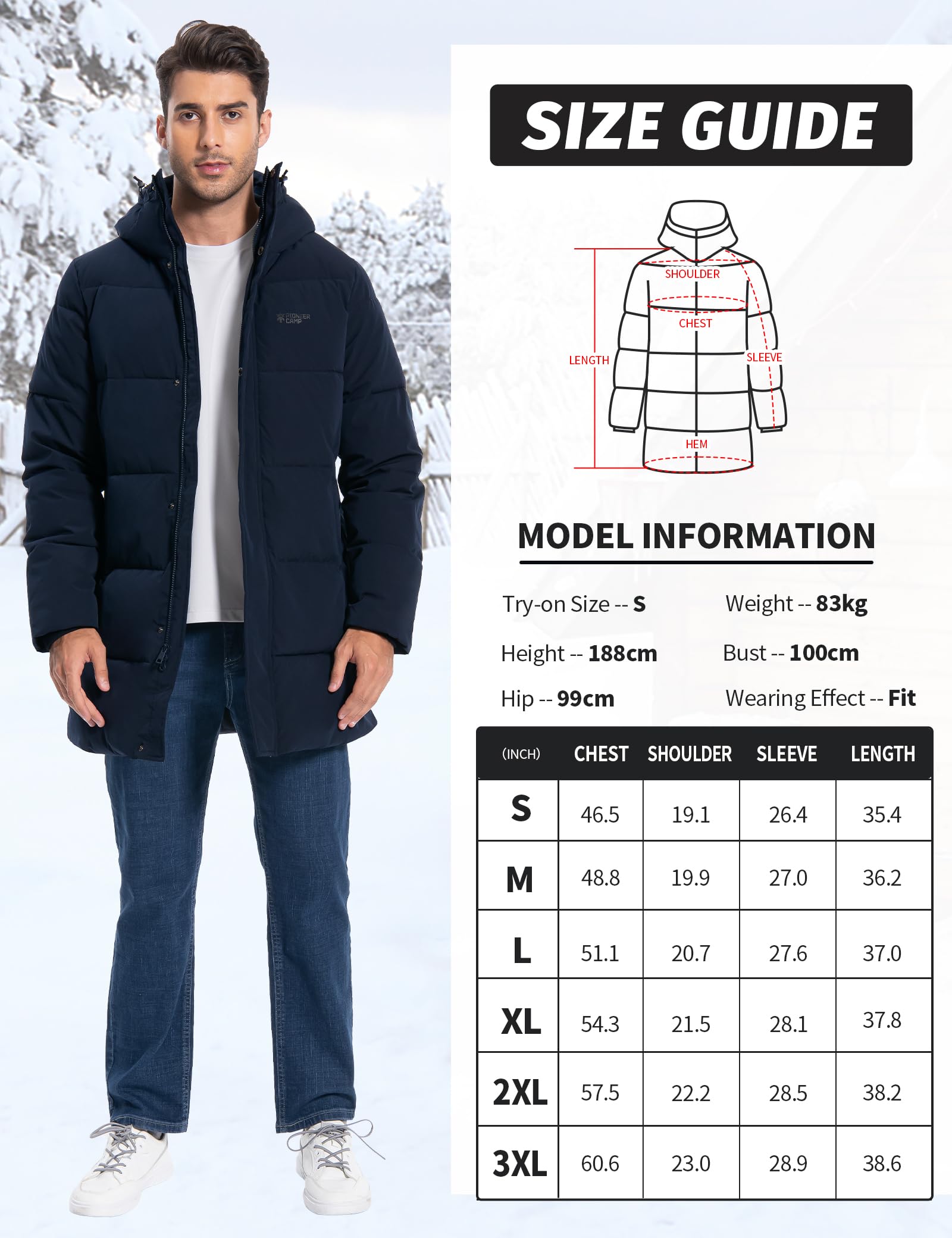 Pioneer Camp Cappotto invernale lungo da uomo, con cappuccio, impermeabile, isolante, piumino, caldo, piumino parka