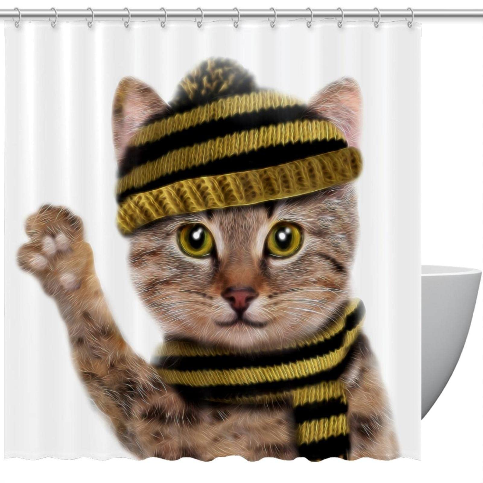 Rideau de douche imperméable chat mignon 168 x 183 cm accessoire de baignoire avec crochets
