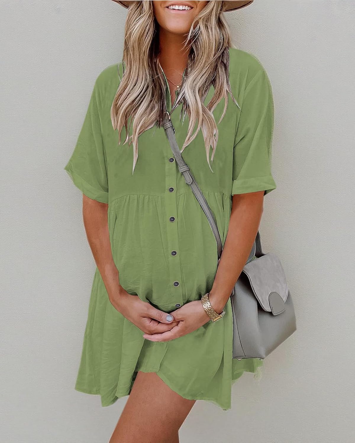 PYGFEMR Women's Short Sleeve Babydoll Dress Button Down Dresses with Pockets - Image 4