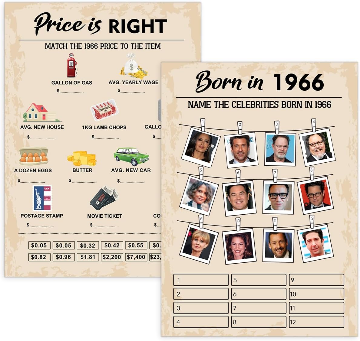QUPT 60th Birthday Party Games, Set of 2 Activities for 15 Guests, Born in 1966 Games Bundle, Birthday Party Supplies for Adults, Pack of 30 Cards