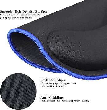 Meffort Inc Mouse Pad with Wrist Rest Support & Stitched Edges, Durable Ergonomic Gaming Mousepad - Black with Blue Edges
