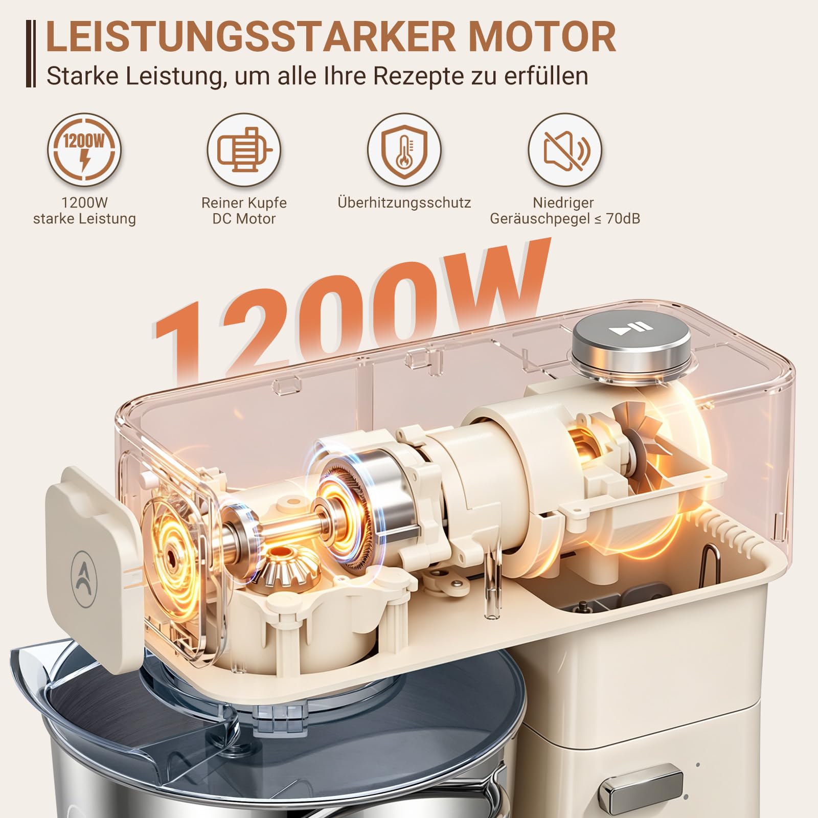 ZACME Robot de cocina de 1200 W, cuenco de acero inoxidable de 5,2 L, motor de CC silencioso, transmisión de 11 niveles, incluye 3 herramientas para mezclar (gancho para amasar, batidor, batidor
