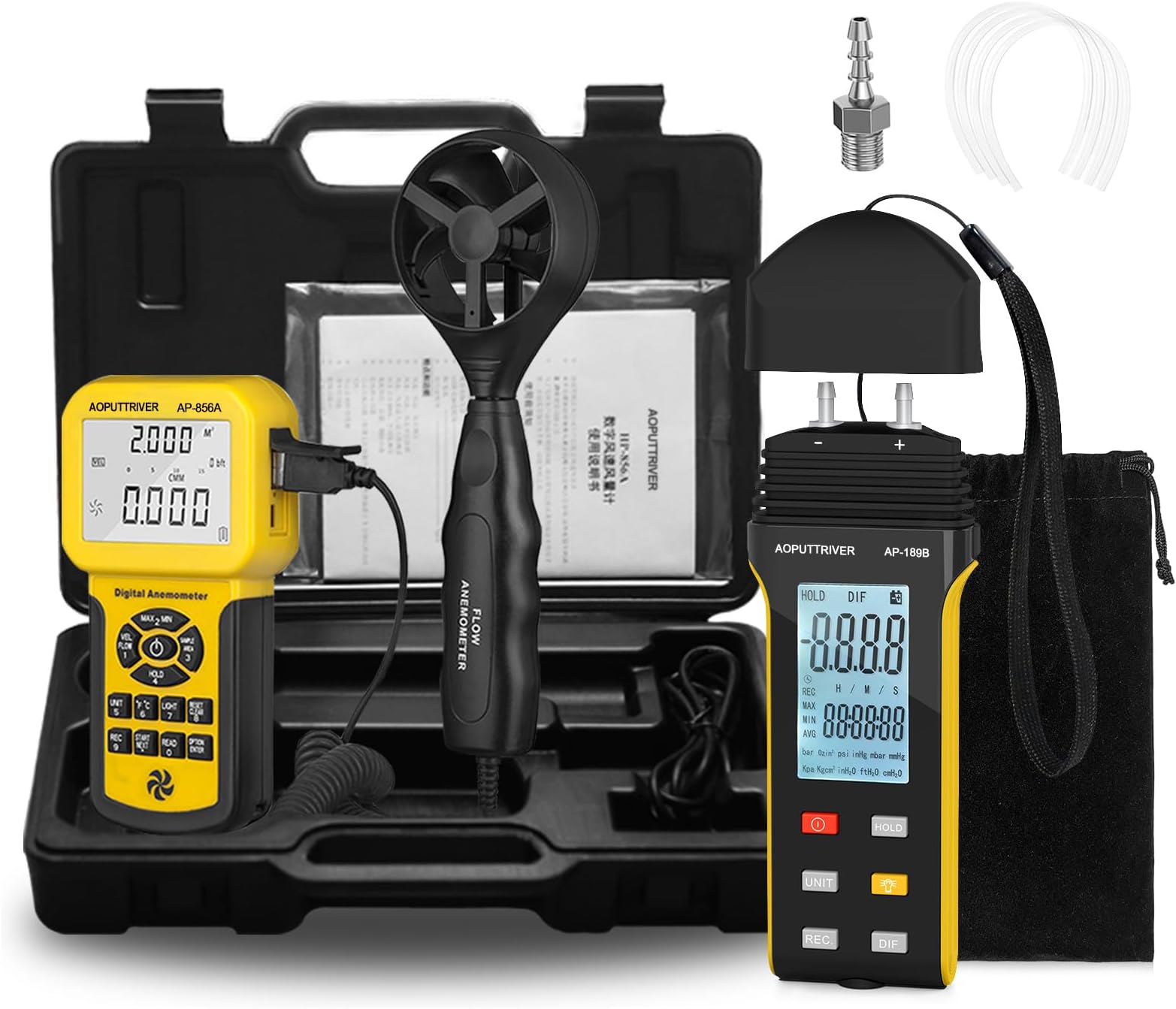 2Packs CFM Anemometer AP-856A Air Flow Meter with PC Connect to Download Data and HVAC Manometer Gas Pressure Meter AP-189B Manometer
