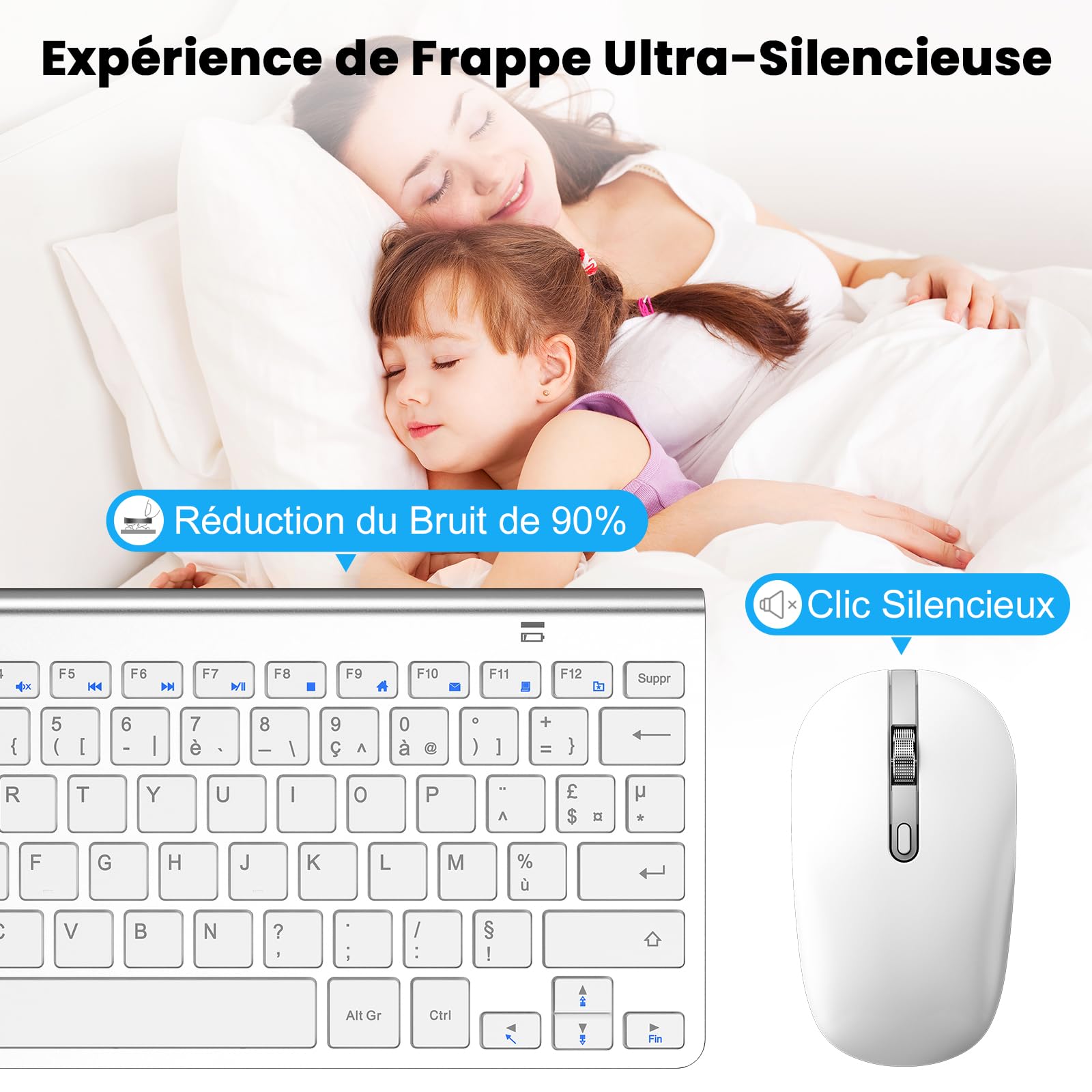cimetech Ensemble Clavier et Souris sans Fil Silencieux, 2,4G Récepteur USB, AZERTY Mini Clavier Slim Compacte Portable et Moderne pour PC/Ordinateur Portable/Ordinateur de Bureau - Blanc