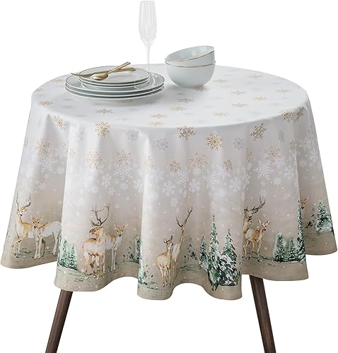 Maison d' Hermine Table Cloth Round Table 100% Cotton 63 Inches Fall Tablecloth Reusable Everyday Use for Thanksgiving Christmas Decorations Dining