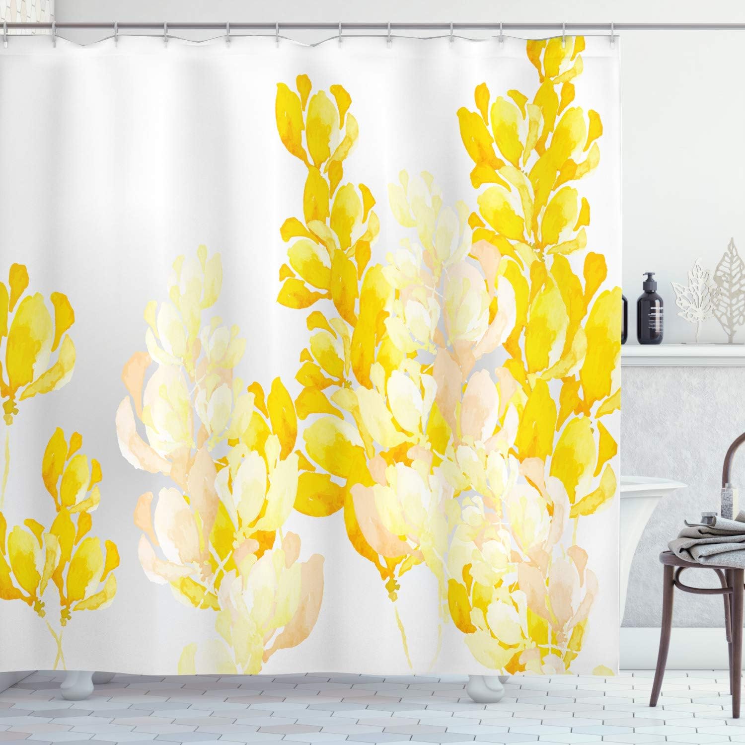ABAKUHAUS Yellow and White Shower Curtain, Watercolor Art Style Blossoming Wild Flowers Spring Meadow Botany Nature