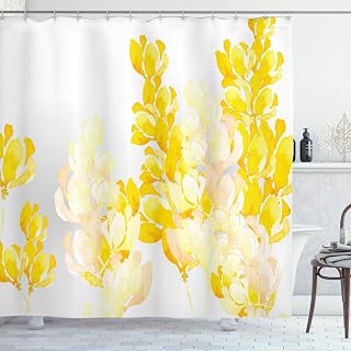 ABAKUHAUS Gelb und Weiß Duschvorhang, Wild Flowers, Stoffliches Gewebe Badezimmerdekorationsset mit Haken, 175 x 200 cm, Weiß Gelb