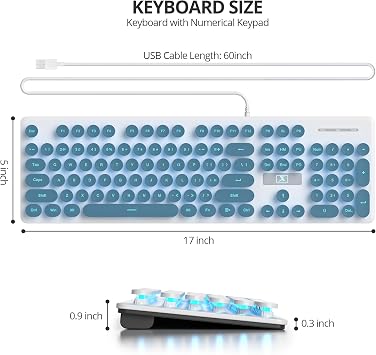 Retro Typewriter Blue Keyboard Full Size 104 Keys LED Backlight Wired Membrane Keyboard with Number Pad Ultra Slim Quiet for Home/Office Computer Keyboard PC Laptop Desktop Blue