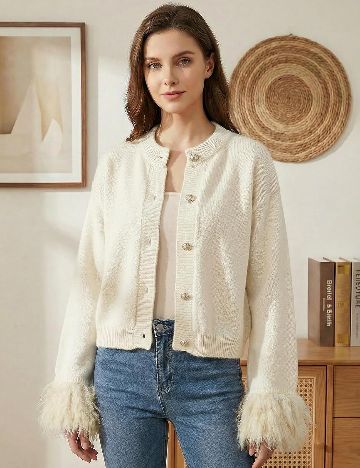 Wyeysyt Women Feather Cuff Cardigan Sweater Round Neck Tassel Cropped Cardigan Knit Button Sweater - Image 2