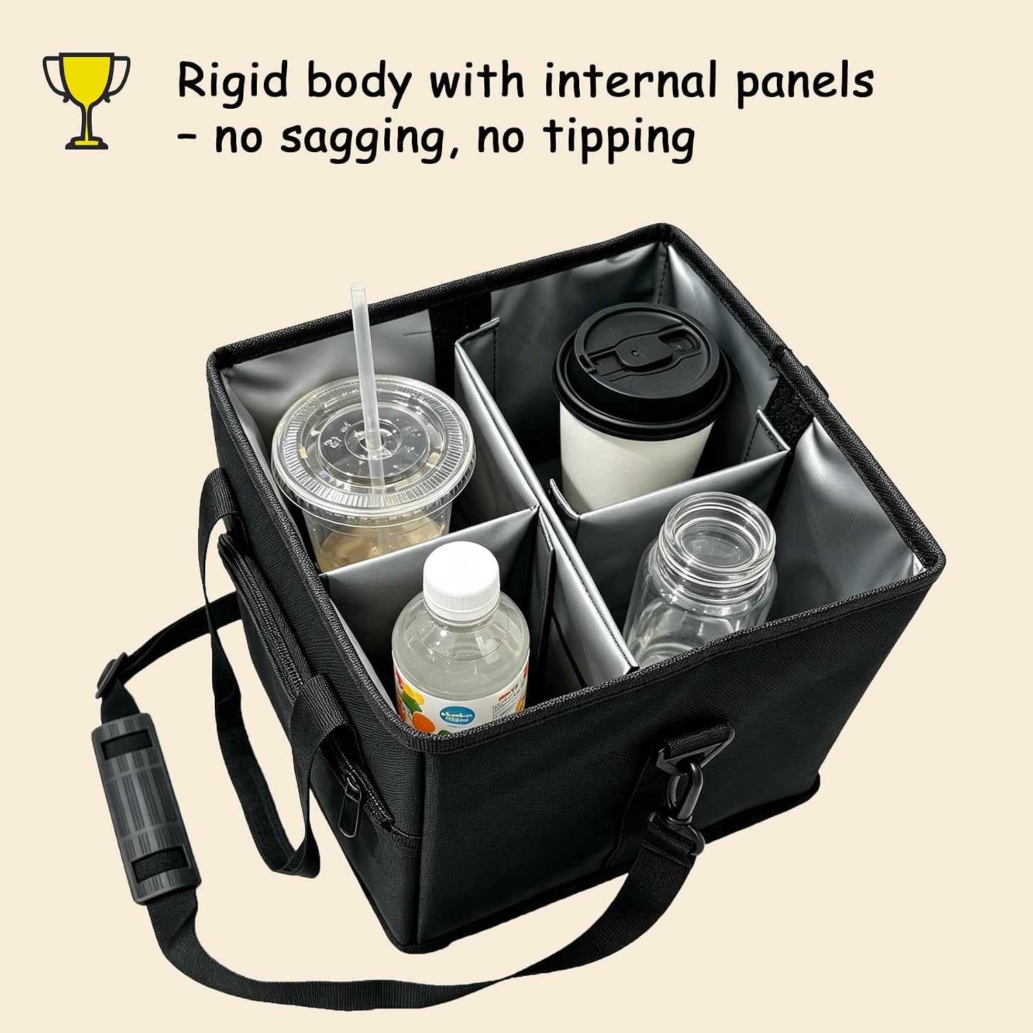 Reusable 4 Cup Drink Carrier with Shoulder Strap, Insulated Leak-Proof Collapsible Drink Caddy with Adjustable Dividers, Portable Beverage Tote Bag for Car, Delivery, Picnic