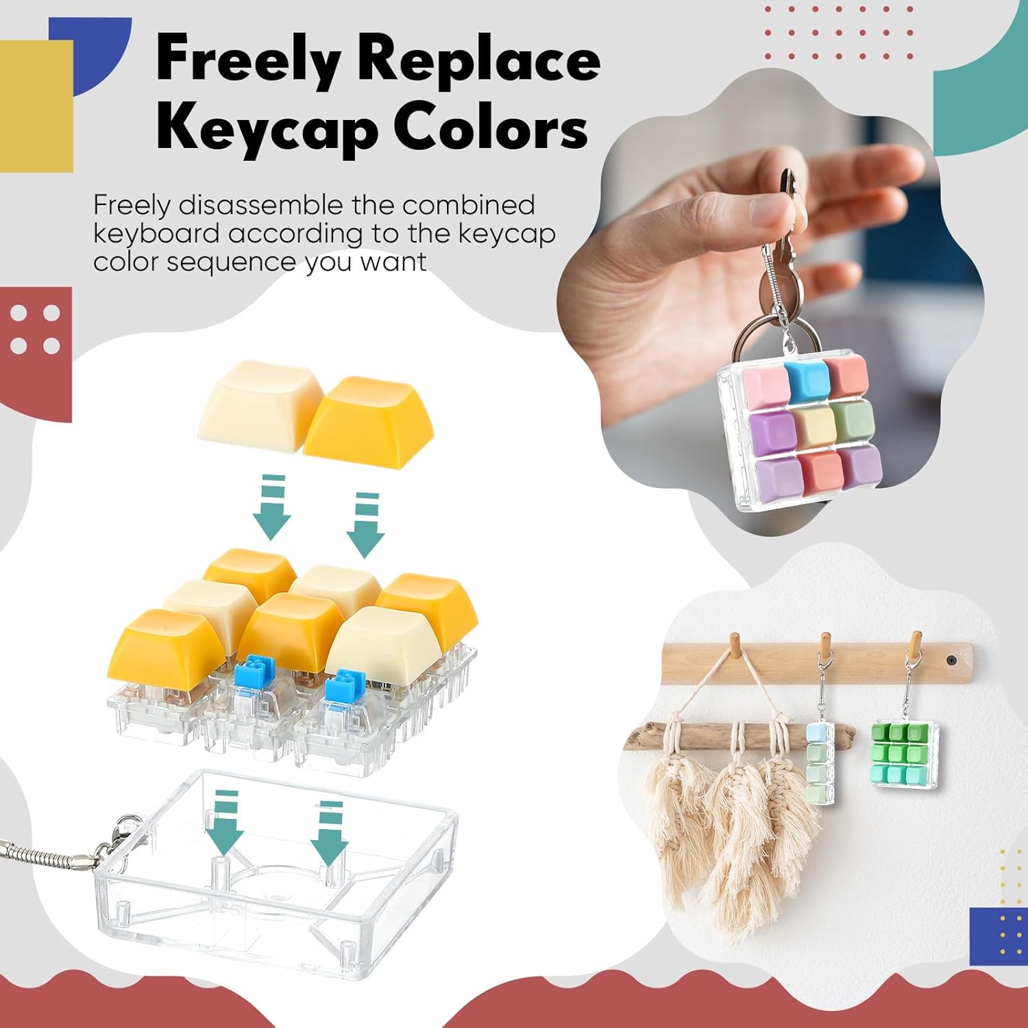 Shappy 10 Pcs Keyboard Fidget Clicker Fidget Keyboard Keychain Stress Relief Decompression Button Finger Clicker Keychain for Office Gifts Adults to Relief Stress and Pass Time (Bright Color)