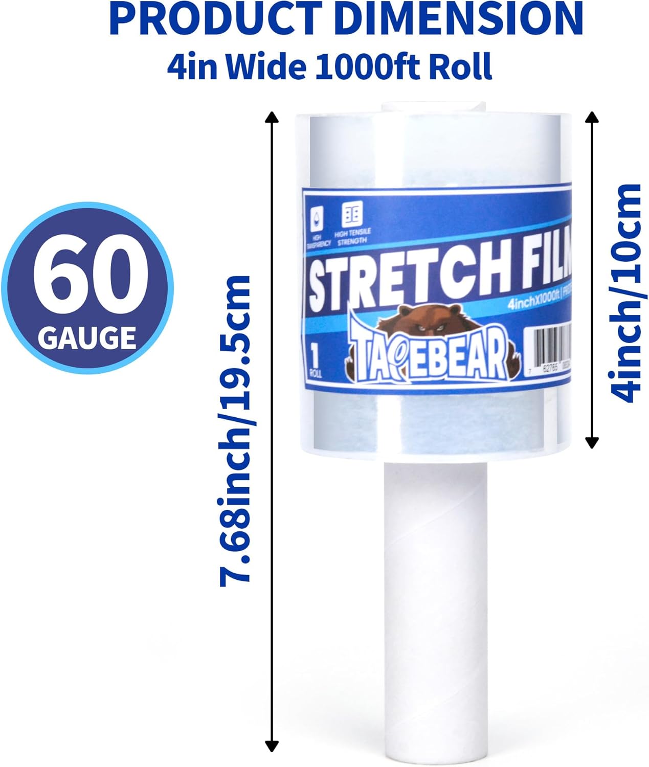 TAPEBEAR 2Rolls Stretch Wrap Film 15" x 760Ft Shrink Wrap Roll with Handles+Stretch Wrap Film 4" x 1000Ft Shrink Wrap Roll with Handle