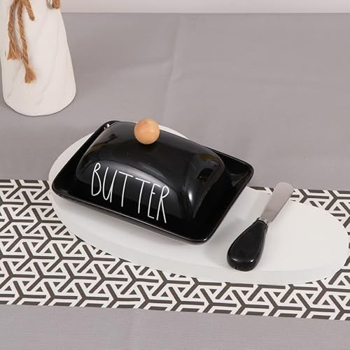 Miniatura 6 de oskas Mantequillera negra de porcelana de granja con tapa y cuchillo para encimera