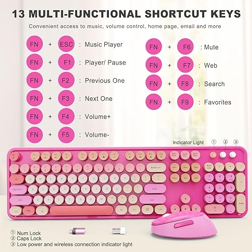 Vista 63 de Combo de teclado y mouse inalámbricos, colorido teclado ergonómico de tamaño completo con diseño retro, silencioso, con teclas bonitas, compatible
