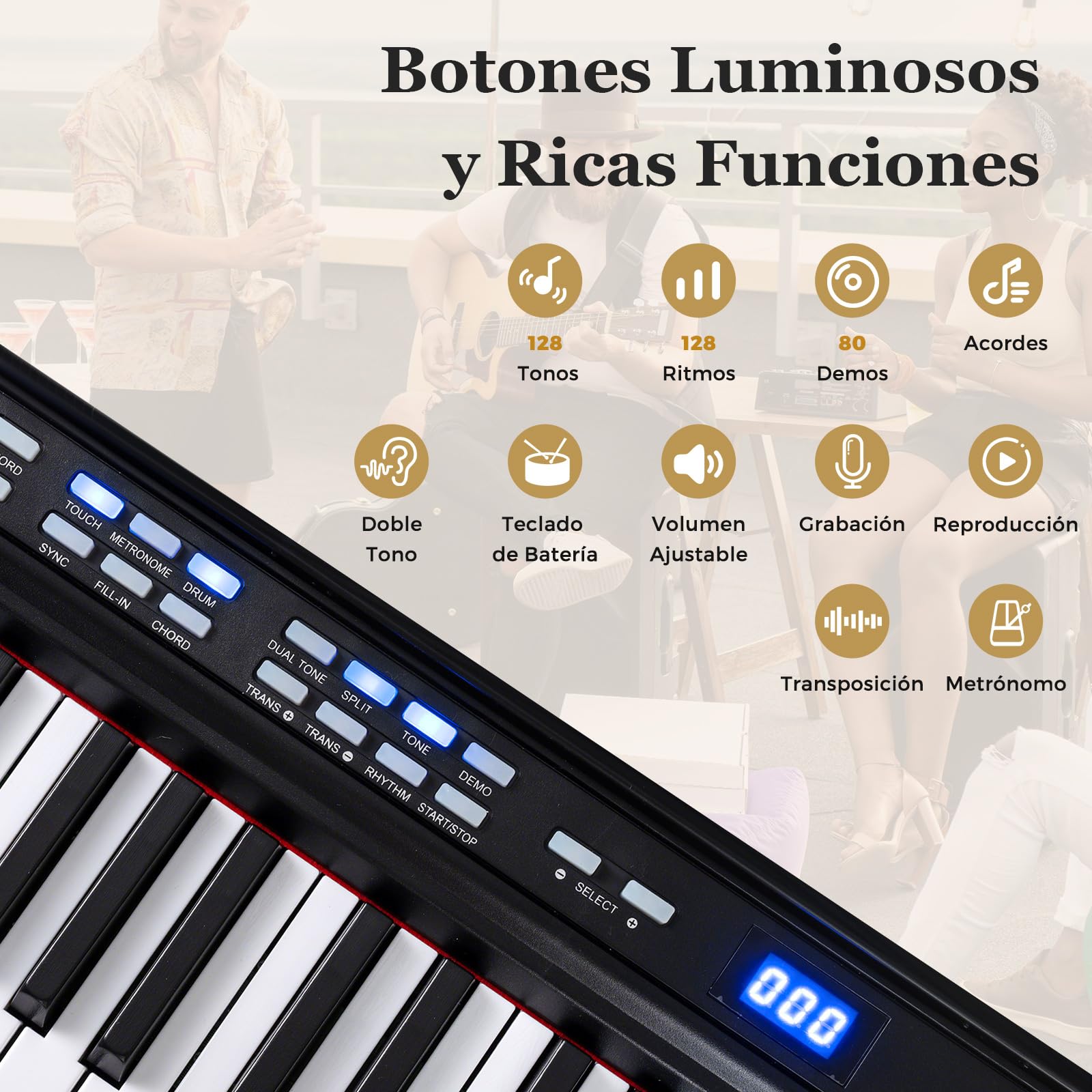 COSTWAY Teclado de Piano 88 Teclas, Piano Electrico con Soporte Ajustable y Taburete, Teclado Musical de Tamaño Completo, Teclas Iluminadas, Función MIDI, Pedal para Principiantes, Adultos (Negro)