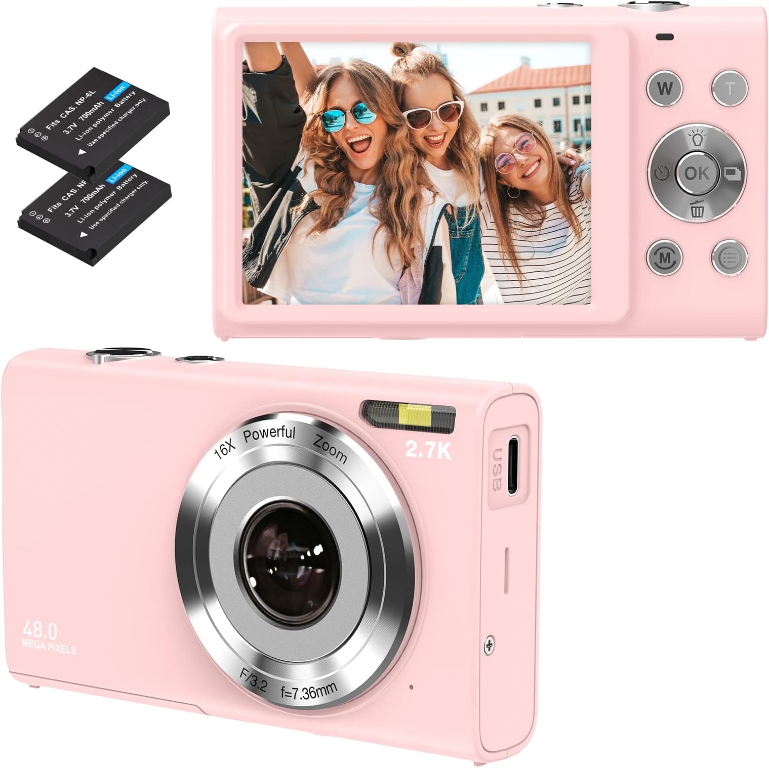 Digital Camera, Autofocus Vlogging Camera HD 2.7K 48MP with 2.8" Large Screen, 16X Digital Zoom, Portable Mini Camera for Photography, Youtube Vlogging Camera for Kids,Adult,Beginners（Pink）