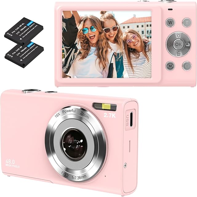 Digital Camera, Autofocus Vlogging Camera HD 2.7K 48MP with 2.8" Large Screen, 16X Digital Zoom, Portable Mini Camera for Photography, Youtube Vlogging Camera for Kids,Adult,BeginnersPink