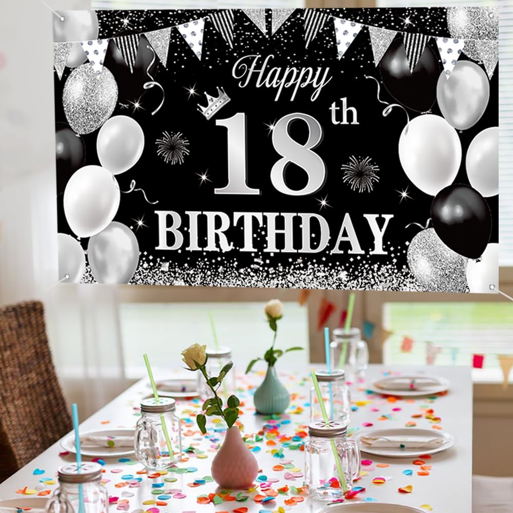 Happy 18th Birthday Banner In Tessuto – Sfondo Per Feste 185x110 Cm, Argento E Nero, Con Corda