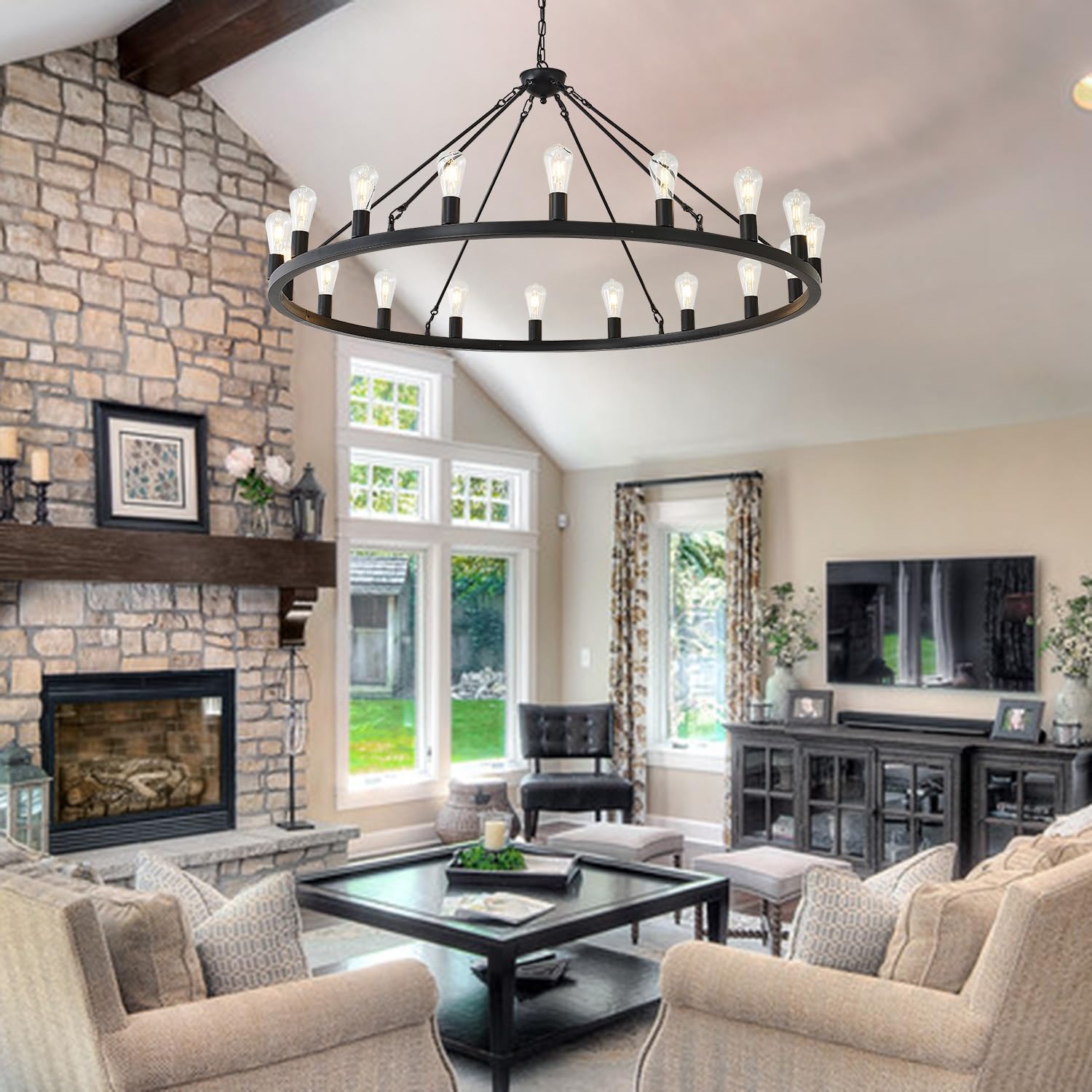 53” Black Large Wagon Wheel Chandelier,Vintage Rustic Farmhouse Chandeliers 18-Lights,Round Metal Industrial High Ceiling Pendant Light with Adjustable Height for Kitchen,Foyer,Porch,Living room - Additional View