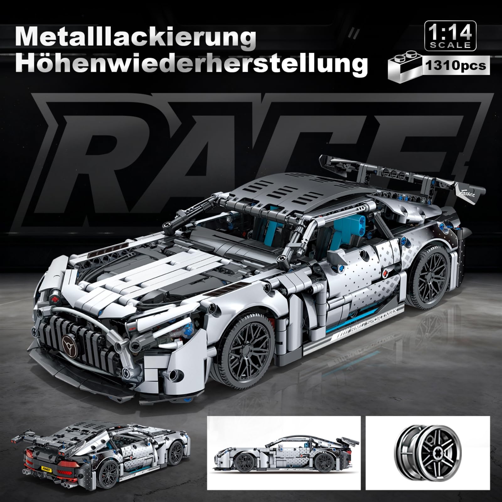 Technik Modellauto, 1310 Teile Silber Rennwagen Bausatz, Technic Sportwagen