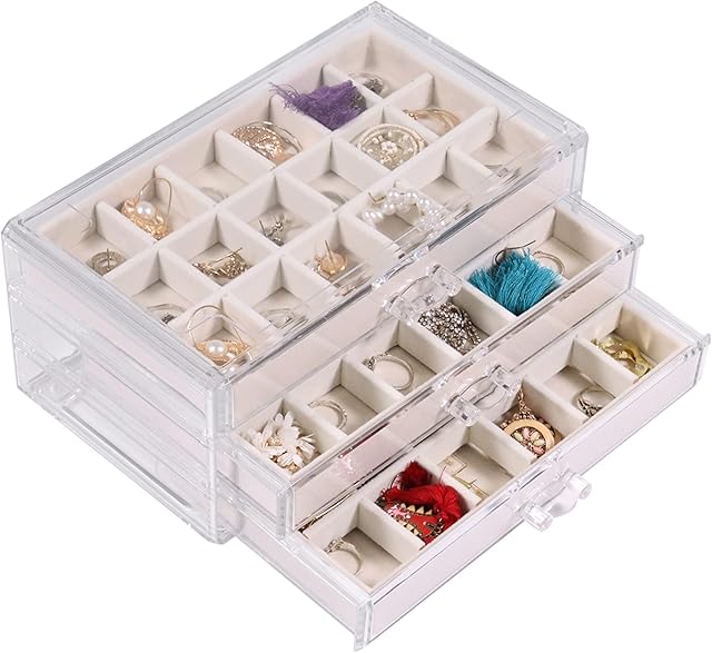 Clear Acrylic Jewellery Box for Women 3 Drawers Velvet Jewellery Organiser for Ring Earring, Necklaces, Mother's Day Girft Beige