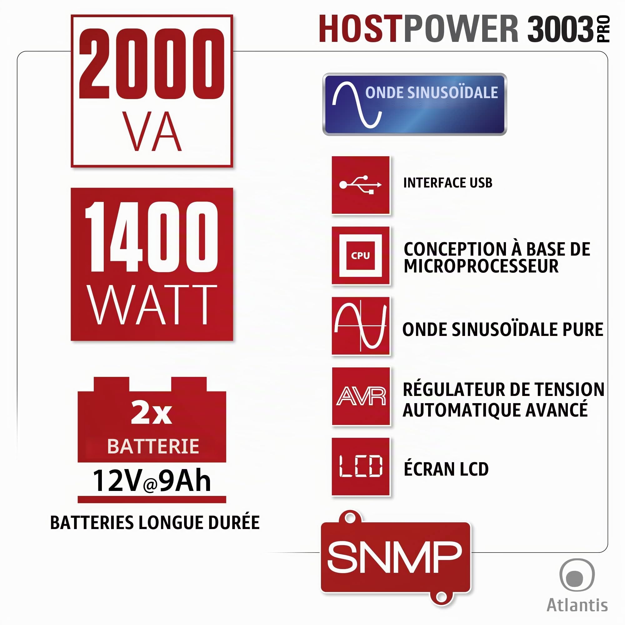 Atlantis onduleur 2000VA/1400W, Onde sinusoïdale Pure | Atlantis USV 2000 VA / 1400 W avec onde sinusoïdale pure