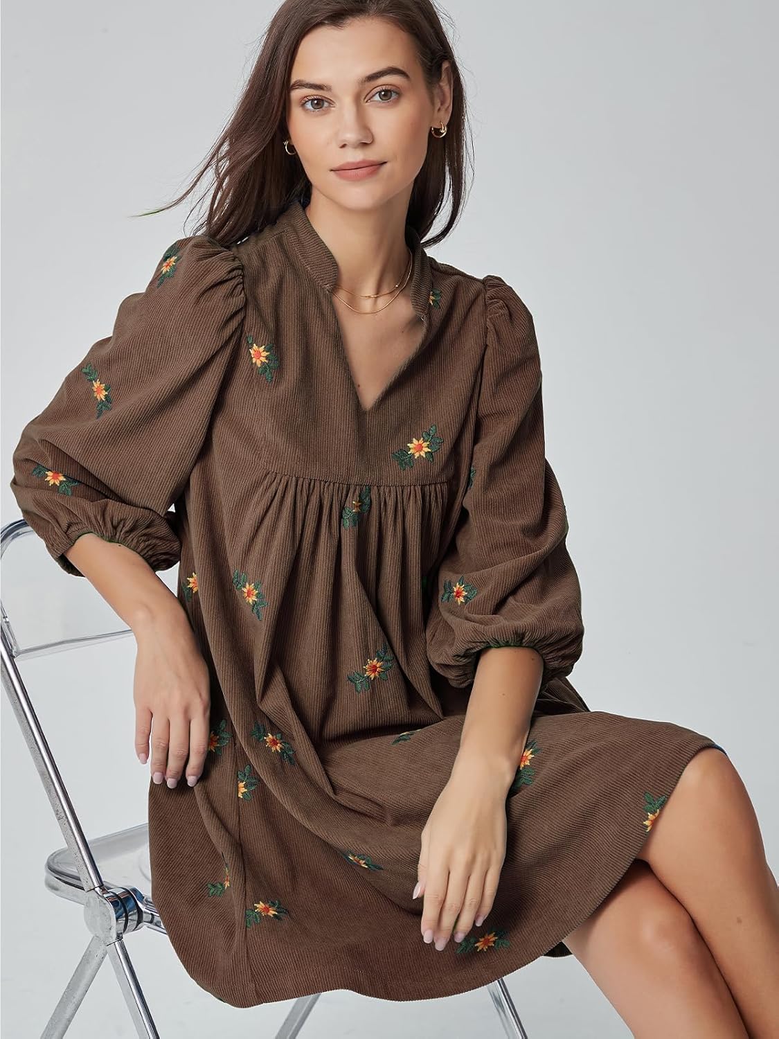 Corduroy Dress Women Embroidered Fall Winter Empire Waist V Neck Babydoll Mini Dress with Pockets - Image 6