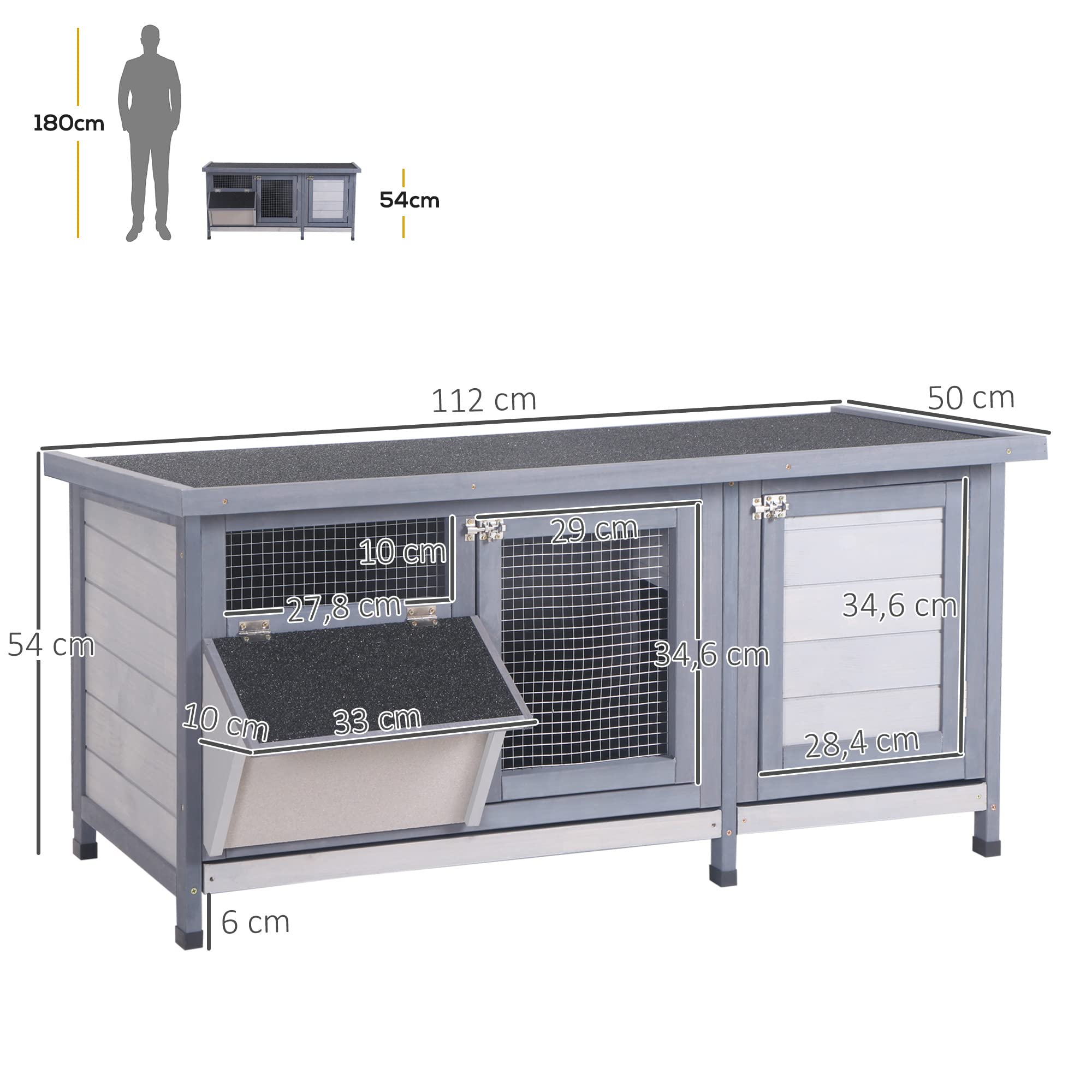 PawHut Conejera de Madera, Jaula para Conejos con Techo Asfáltico Abatible, Puertas con Pestillo, Bandejas Extraíbles y Comedero, Conejera para Exterior, 112x50x54 cm, Gris