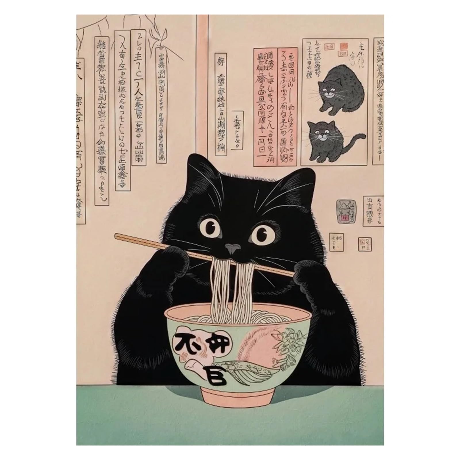 Graiting 1pc Noble Tabby Cat Eating Ramen Fuji View Poster Wall Pictures Canvas Painting Home Bathroom Decor(11,30x40cm)
