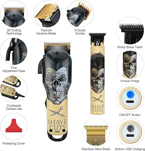 Miniatura 2 de BESTBOMG Cortapelos y recortadora de pelo de cerámica con hoja en T inalámbrica, juegos recargables con 10 peines guía y para hombrespadremaridonovio