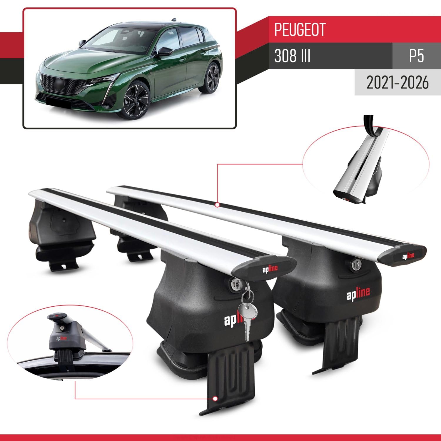 Compatible avec Peugeot 308 III (P5) 2021-2025 ACE-4 Barres de Toit Railing Porte-Bagages de Voiture Gris Aluminium 2 Barres