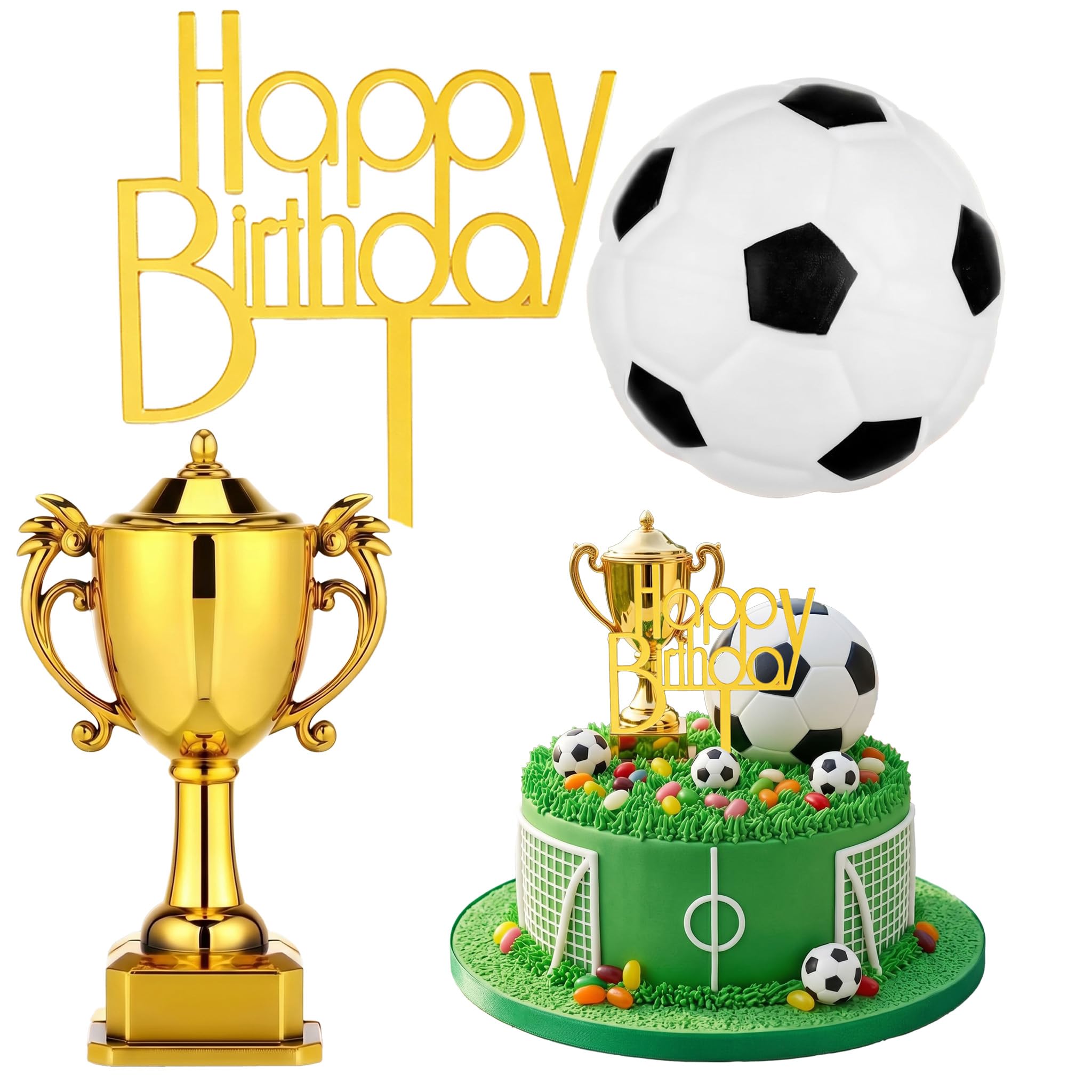 Football Cake decorations,3Pcs Football Cake Topper Set,Soccer Cupcake Toppers for World Cup,Happy birthday Decoration with Plastic Soccer Ball and Gold Trophy for Boys Sport Theme Party Supplies