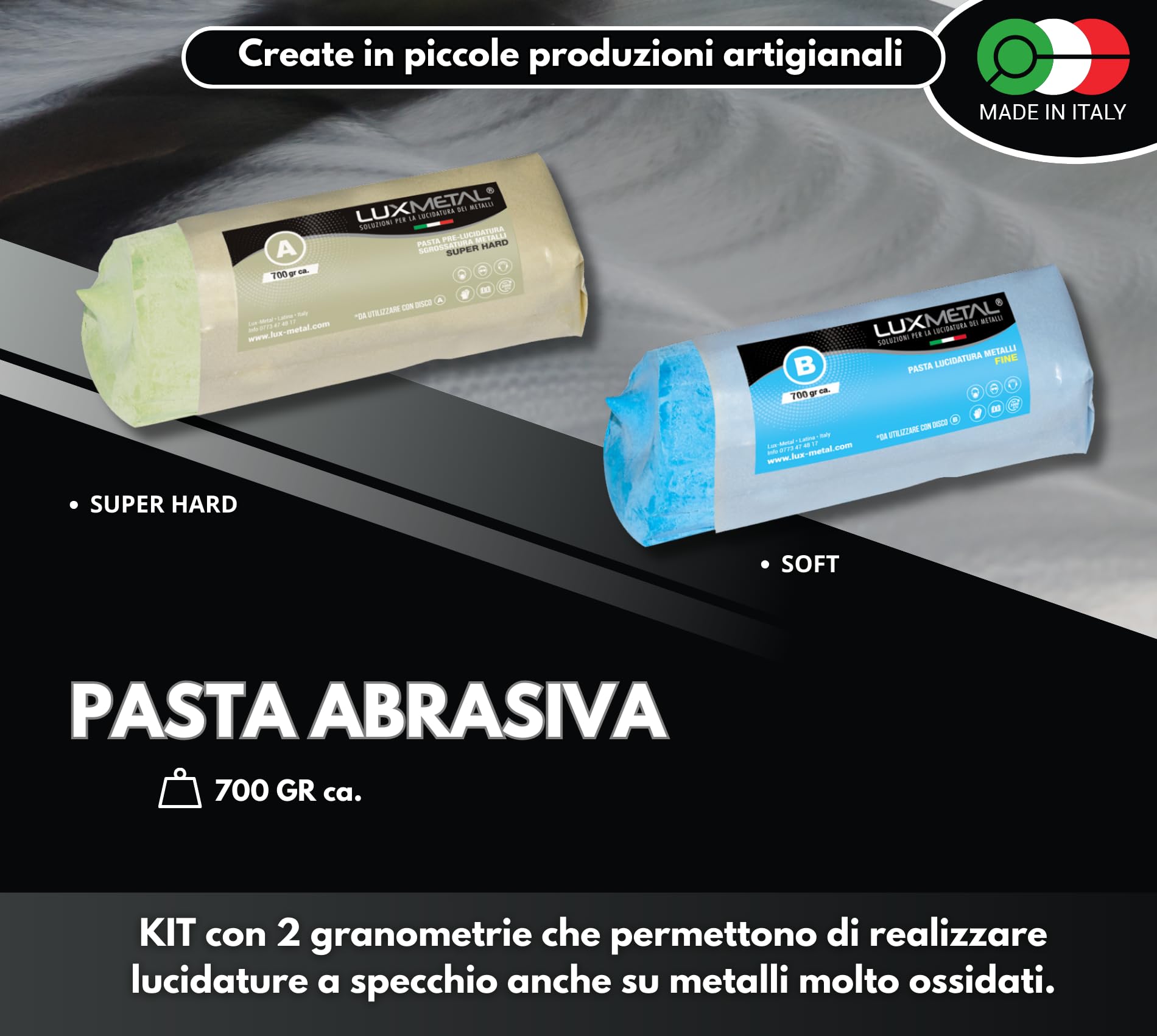 Lux Metal - Kit 2 Disco Lucidante 250 mm e 2 Pasta Abrasiva Lucidante 700 gr - Per Alluminio, Ferro, Acciaio Inox, Bronzo, Marmo - Ruota Lucidatura Metalli Mola Smerigliatrice Feltro