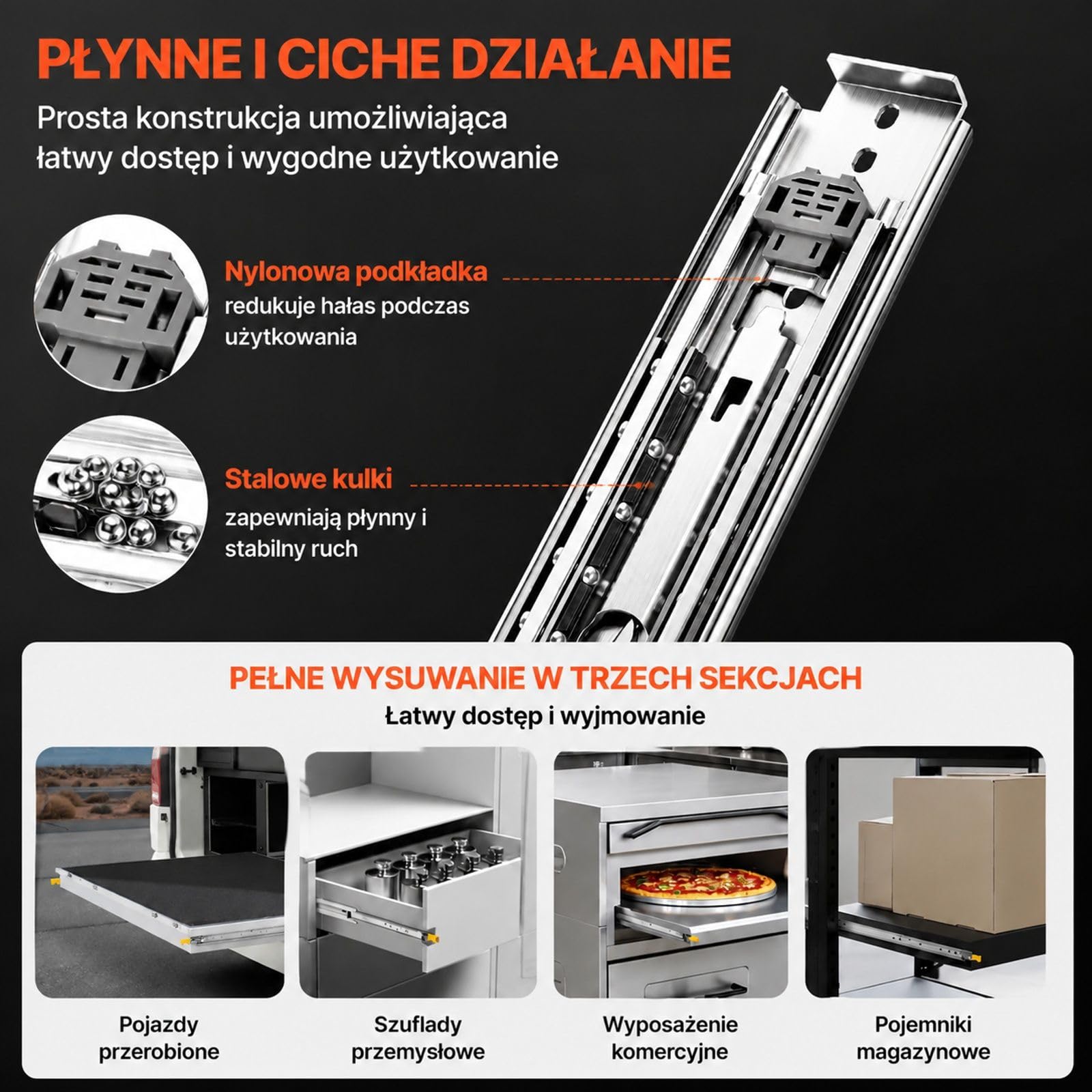 1 para prowadnic do szuflad z łożyskiem kulkowym, szyny teleskopowe z blokadą, montaż boczny do szafki i skrzynki narzędziowej
