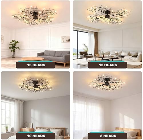 Miniatura 8 de Lámpara de techo de 36 pulgadas con forma de rama, estilo retro creativo, con diseño de flores y vides, para uso en dormitorio, lámpara de techo