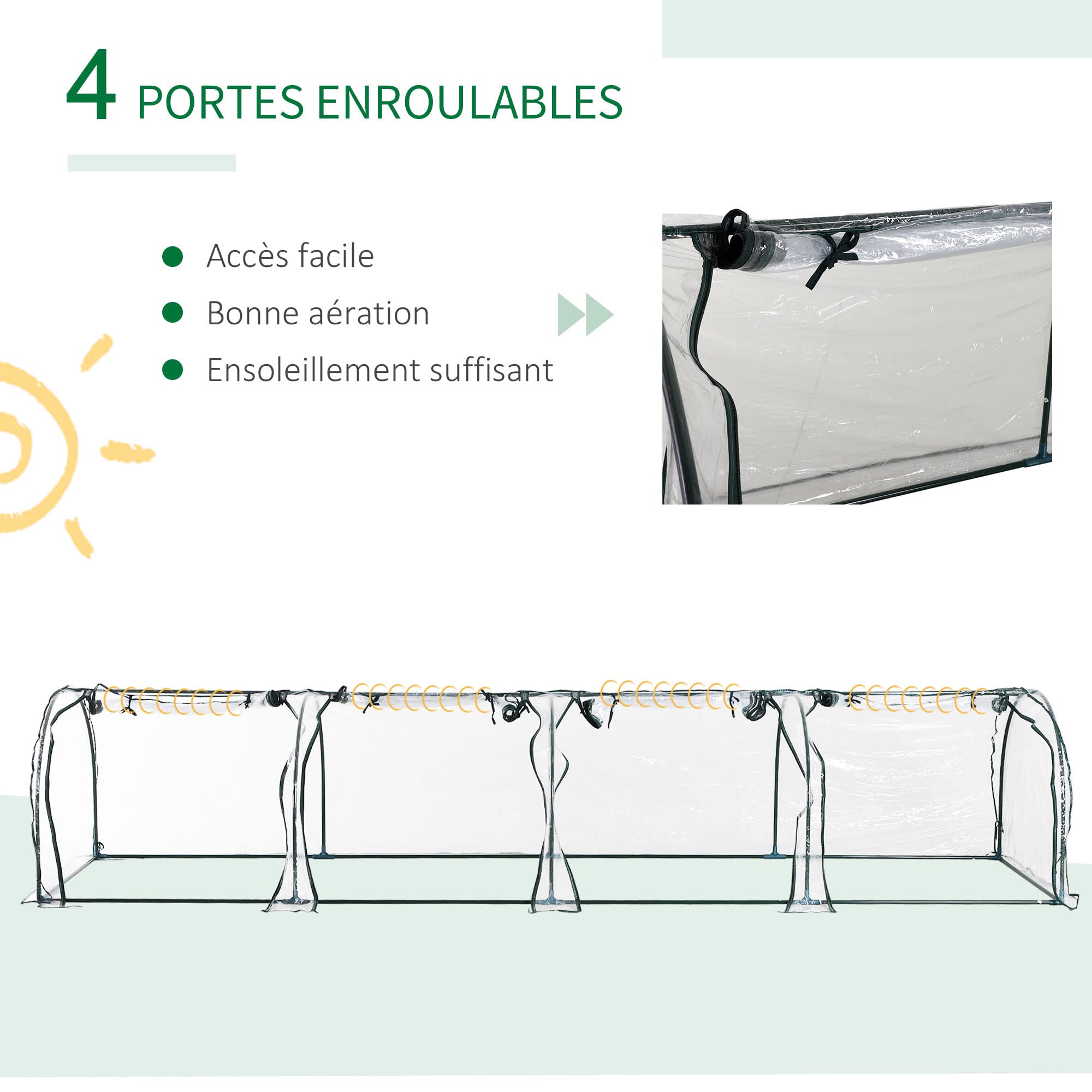 Outsunny Mini Serre de Jardin, Mini Serre Tunnel, Serre à Tomates 3,95L x 1l x 0,8H m, Acier, PVC Haute Densité Anti-UV, 4 Fenêtres avec Zip Enroulables, Vert et Transparent