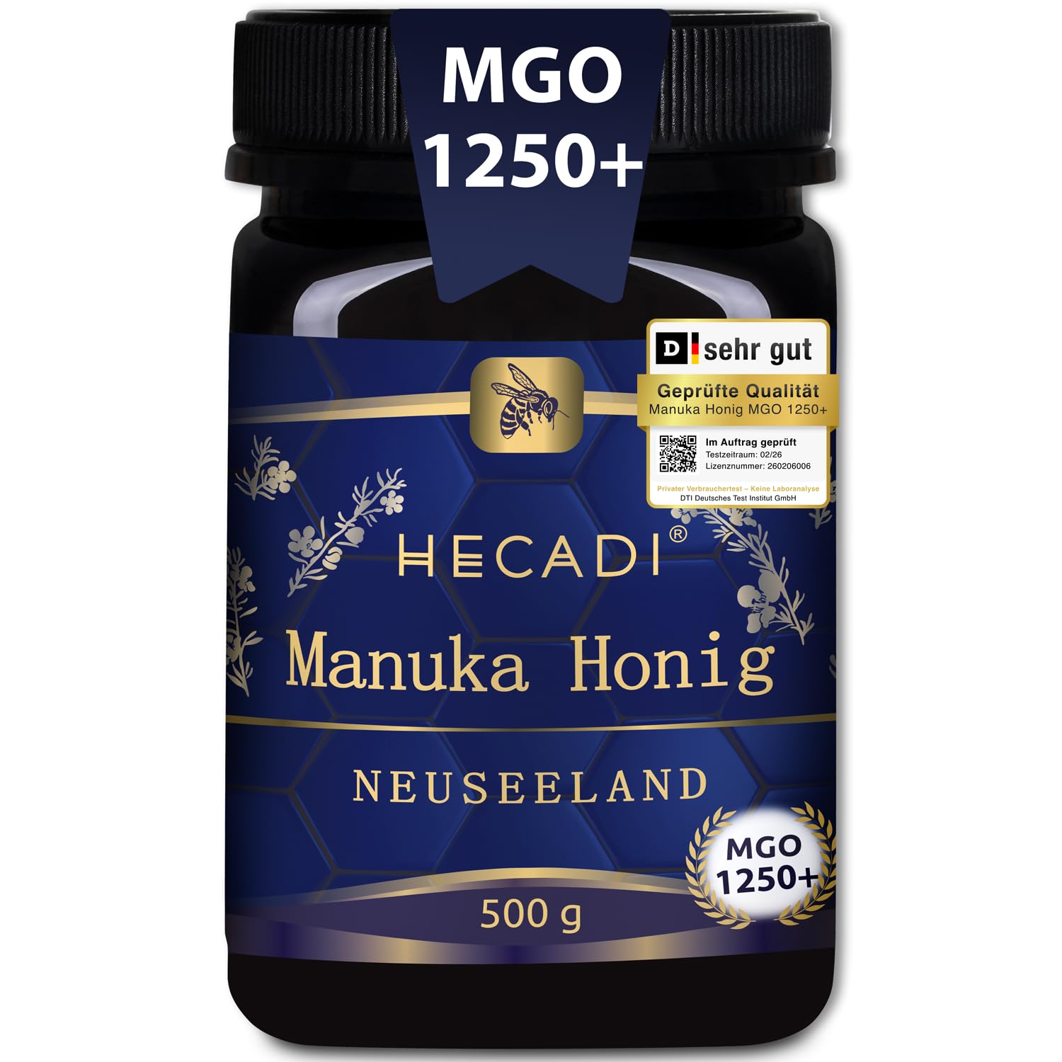 Manuka Honig MGO 1250+ Hecadi® I Original Honig aus Neuseeland I mit zertifiziertem und Garantiertem Inhalt von MGO I 500 g