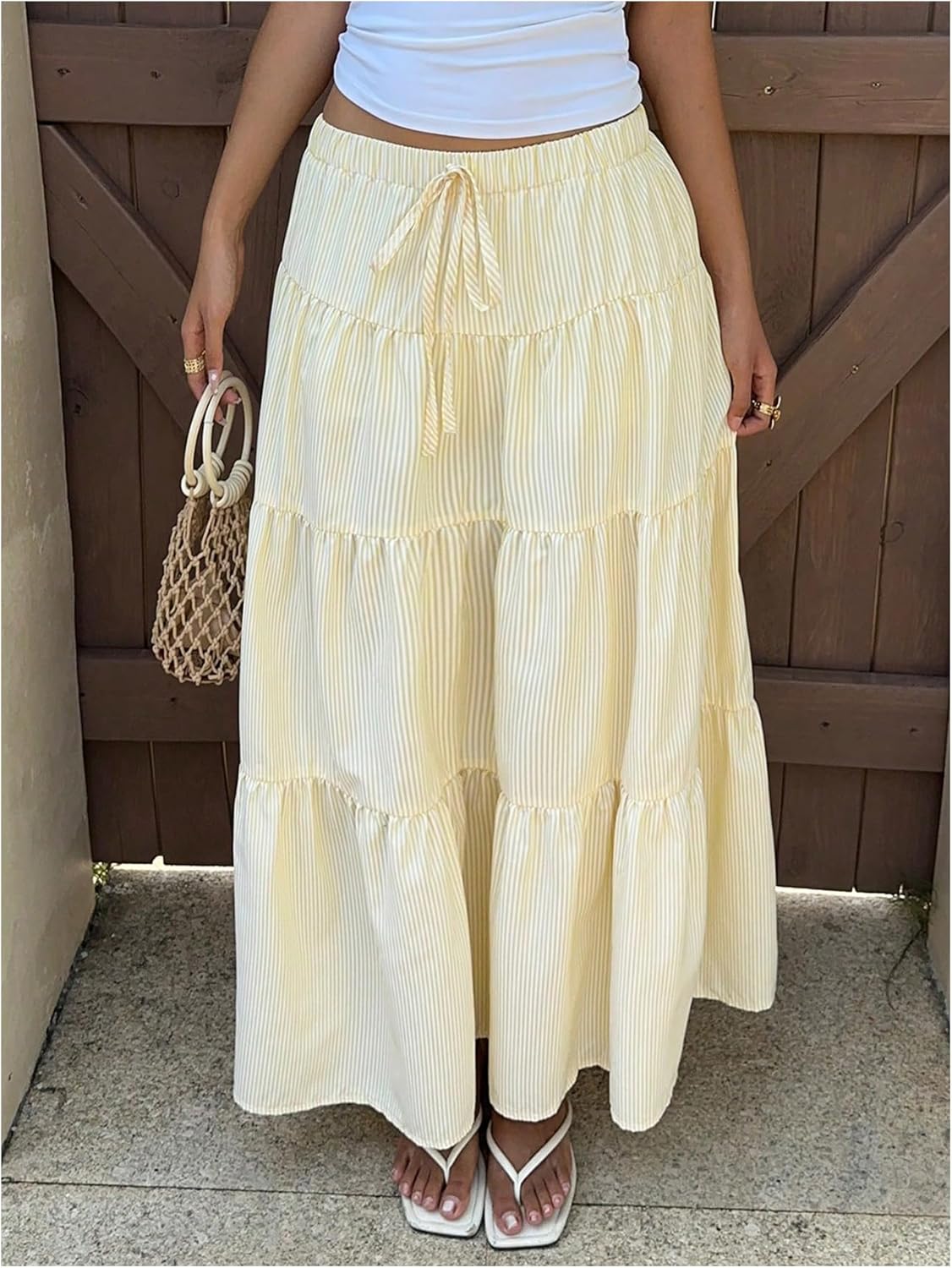 Milumia Women's Striped Tiered Maxi Skirt Layered A Line Flowy Long Skirts - Image 4