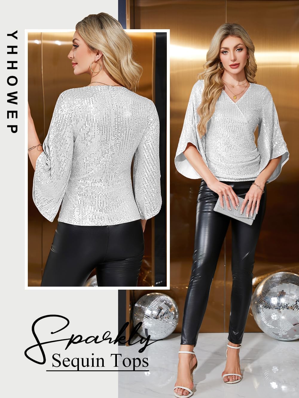 Women‘s Sequin Tops 3/4 Sleeve Glitter Sparkle V Neck Dressy Wrap Blouse Cocktail Evening Party Club Concert Shirt - Image 4