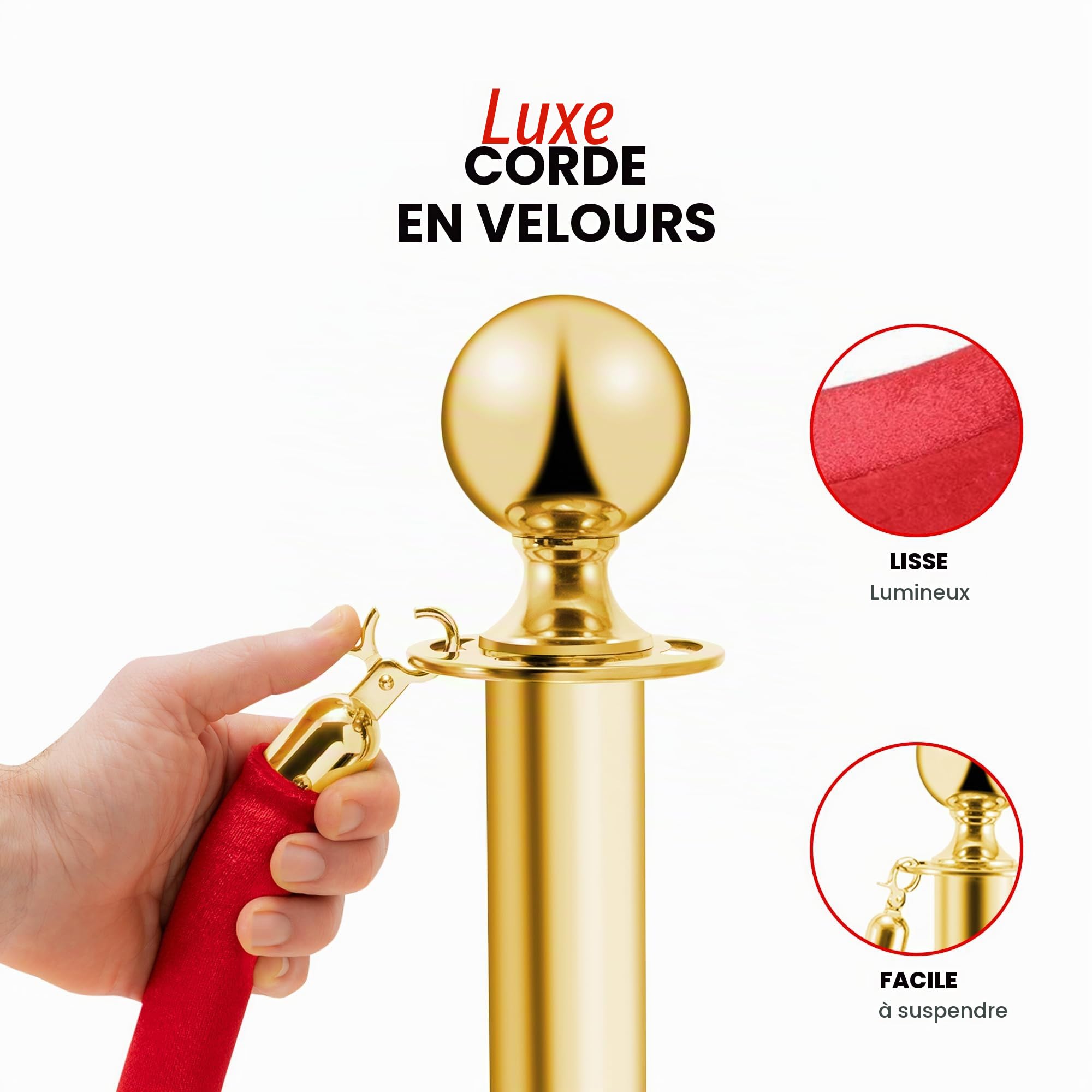 Poteaux intercalaires en acier inoxydable doré, 2 pièces, hauteur 90 cm, argenté avec corde en velours rouge de 1,5 m, connexion 4 voies, base de 31 cm de diamètre, contrôle de foules