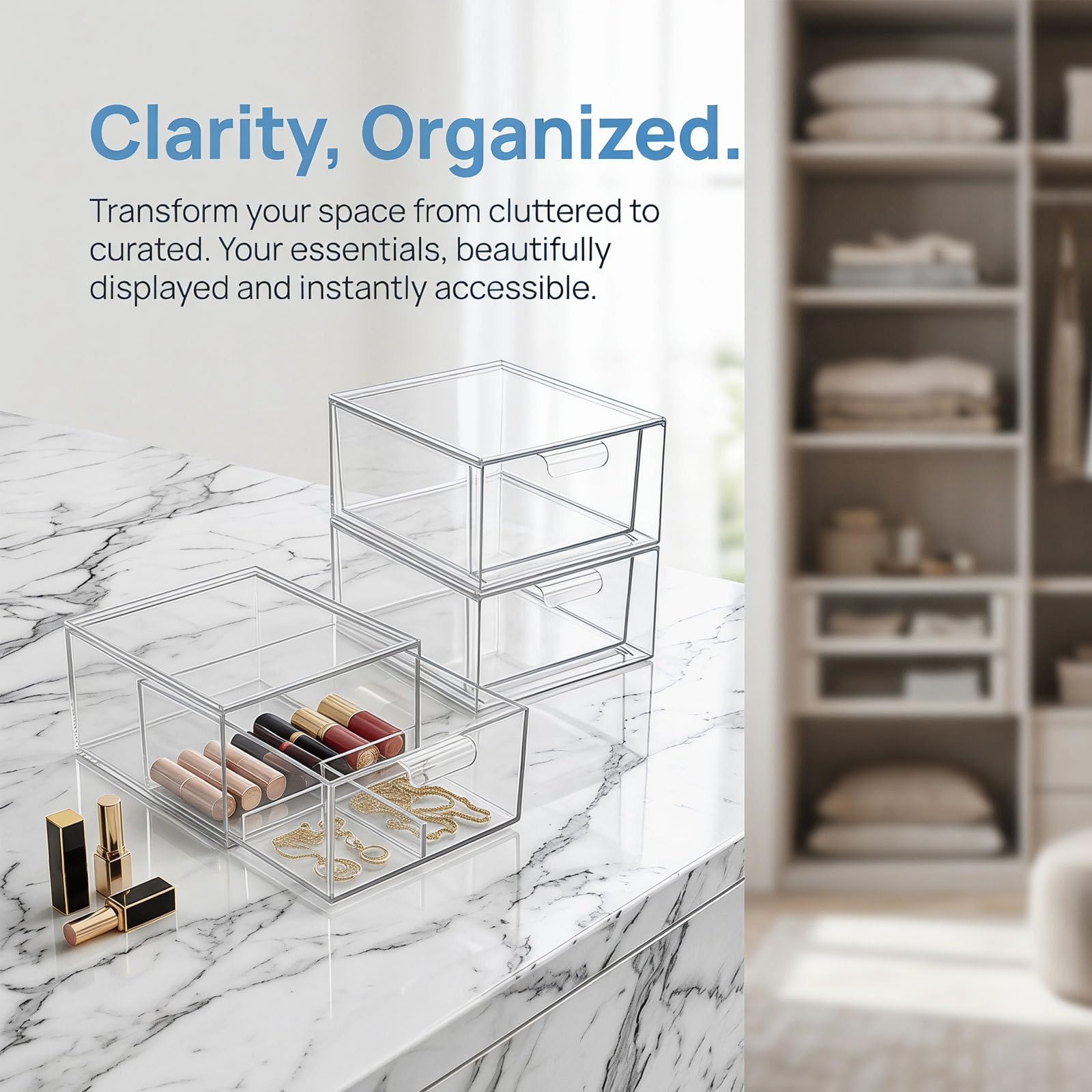 Alasum 4 Pezzi Organizer Trasparente Design Impilabile con Divisori Rimovibili e Maniglia in Pet per Collane e Rossetti per Uso Domestico e Cassetti da Ufficio