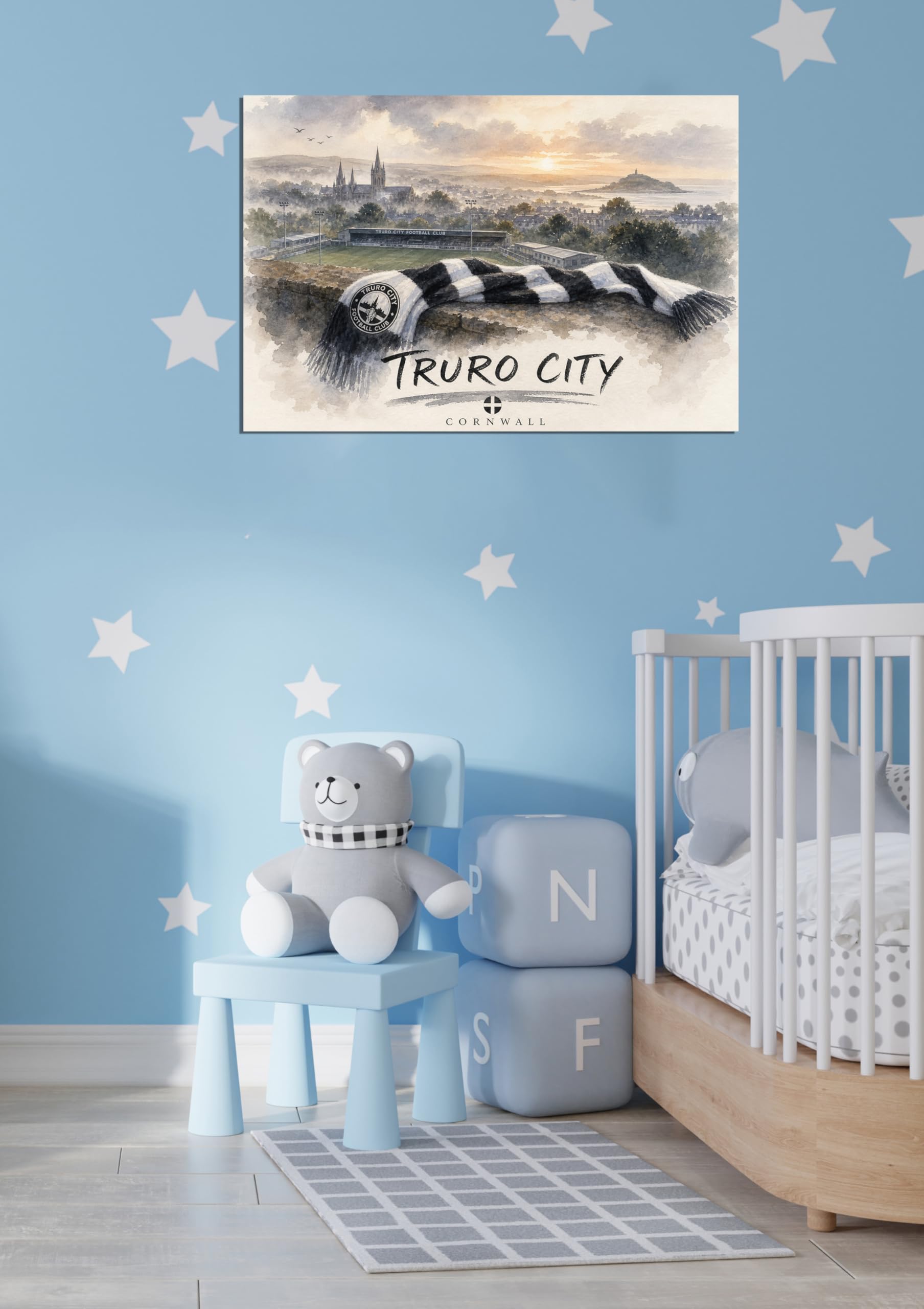 Truro Kunstdruck auf Leinwand, Fußball-Design, Stadion-Heimdekoration, 30,5 x 40,6 cm, Weiß / Schwarz