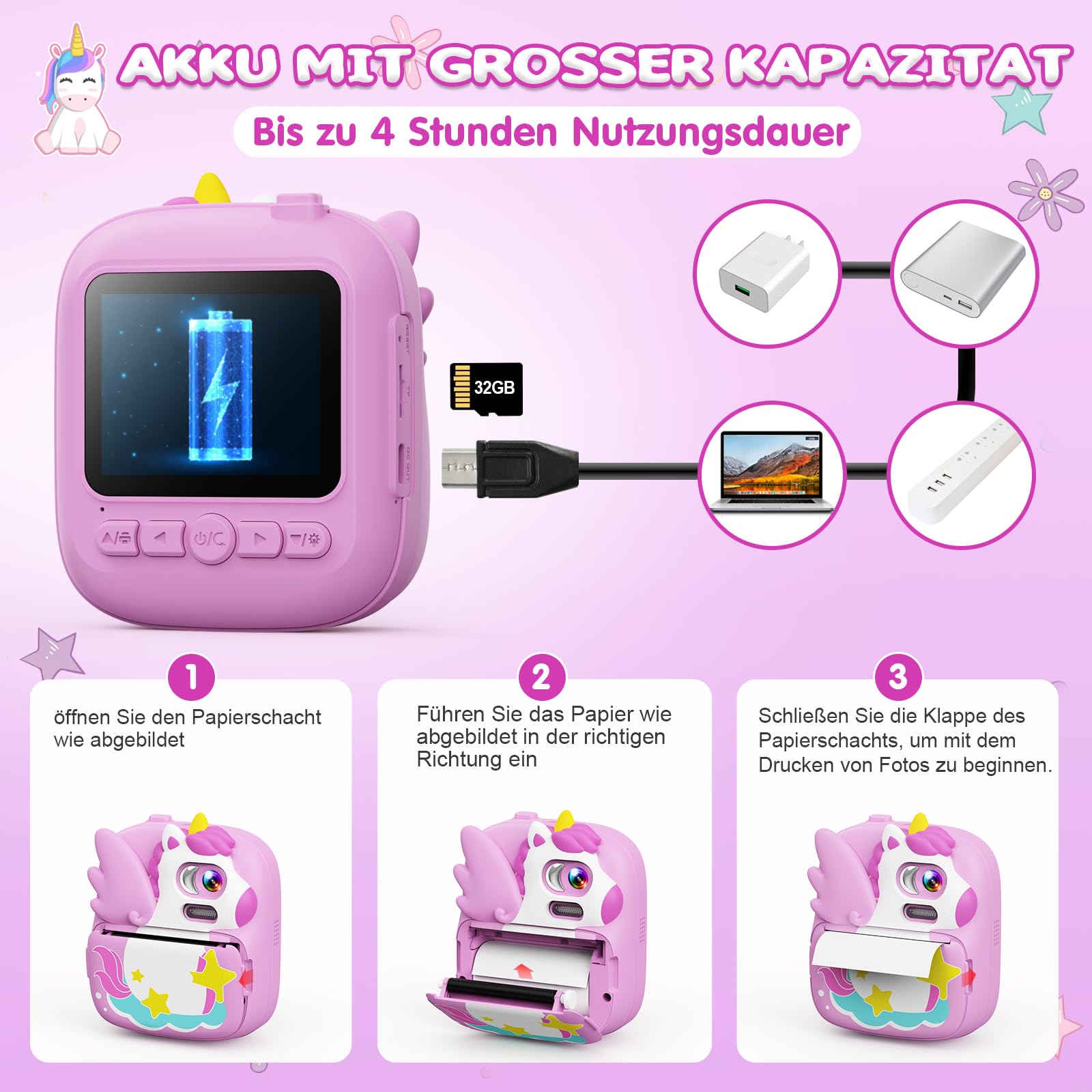 CAMCLID Kinderkamera Sofortbildkamera 2,4 Zoll 1080P HD Digitalkamera mit 32G TF Karte und Fotopapier Lila