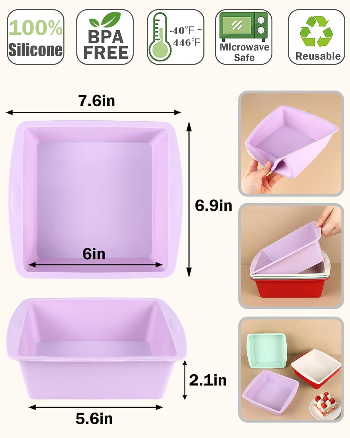 6 inch Square Cake Pans, Non-stick Silicone Baking Pan, Cake Molds for Brownies, Bread, Lasagna and Cake, 4 Pack for Oven, Microwave, Freezer and Dishwasher (Square-4 Colors) - Image 2